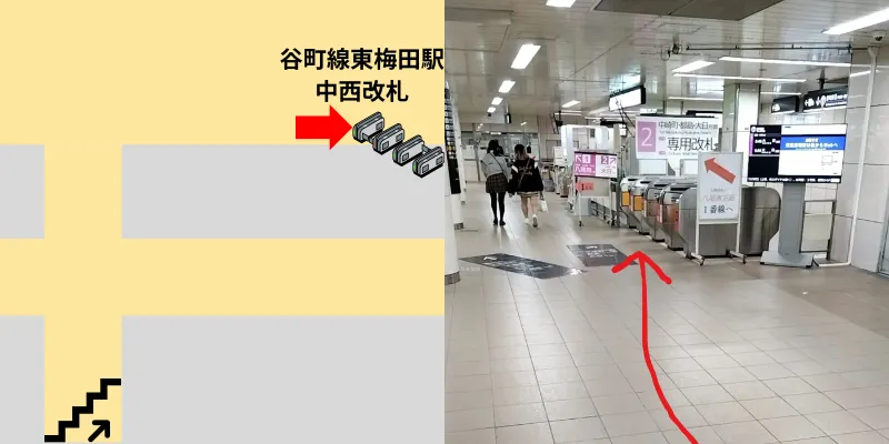 引き続きまっすぐ進むと谷町線東梅田駅中西改札に到着です。