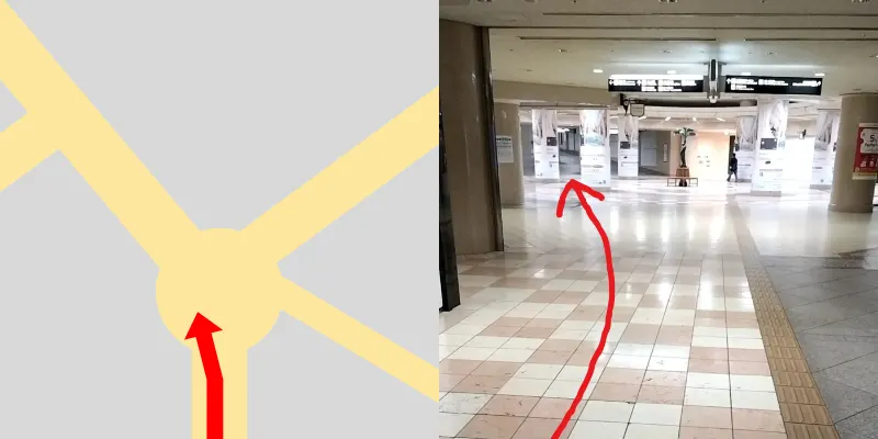 まっすぐ進んで行くと広場に出るので斜め左方向に進んで行きます。