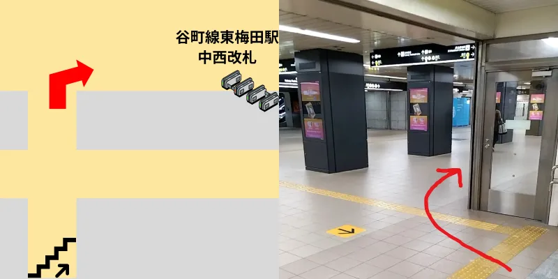 右に曲がります。ここを曲がると改札が見えてきます。