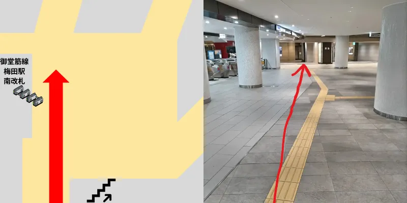 そのまままっすぐ進んで行きます。この辺りで左側に御堂筋線梅田駅の改札が見えます。