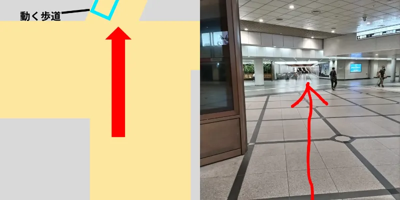 まっすぐ進んで行くと動く歩道が現れるのでそのまままっすぐ進んで行きます。