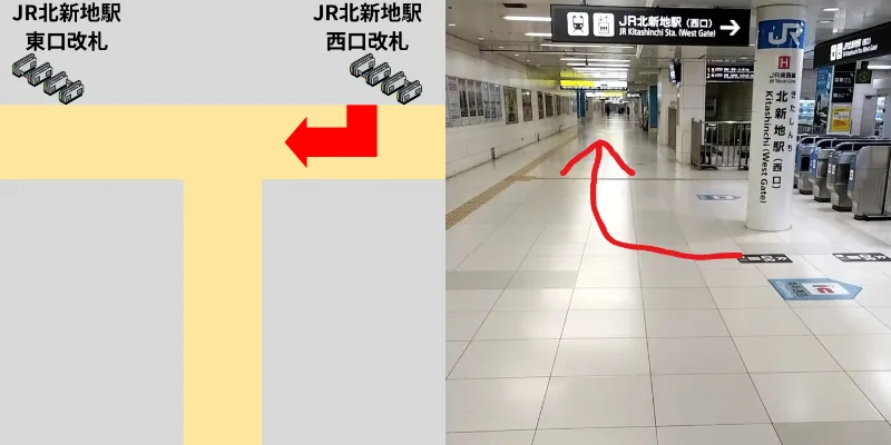 JR北新地の西口改札を出て右に曲がります。