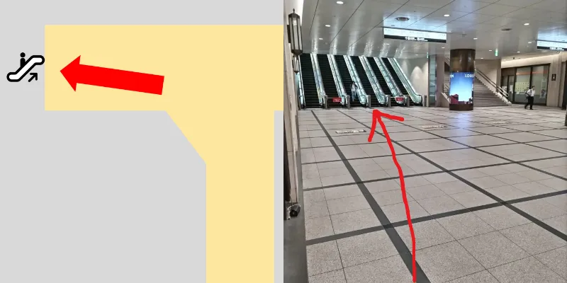 まっすぐ進んで行き、エスカレーターを上がります。