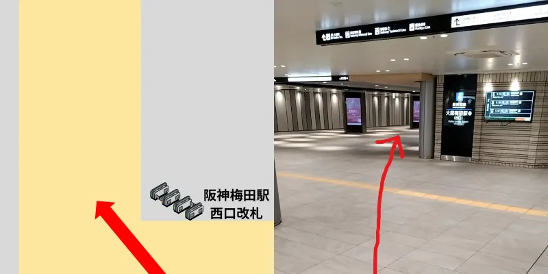 そのまま進んで行くと広い道があるので右に曲がります。阪神梅田駅の改札があるあたりです。