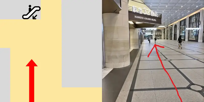 引き続きまっすぐ進んで行きます。写真の様に阪急32番街と書かれた大きな看板があるので目印にしてください。