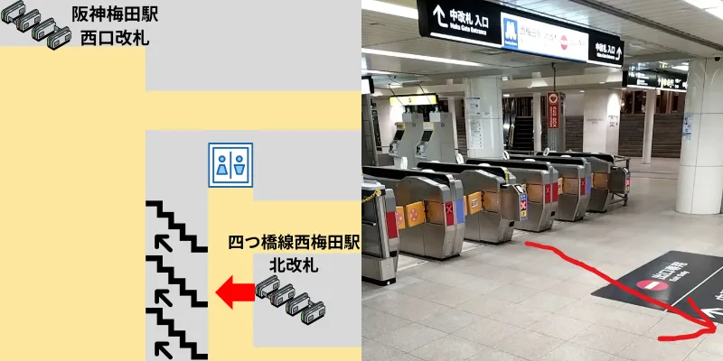 まず四つ橋線西梅田駅の北改札を出て正面にある階段を上ります。
