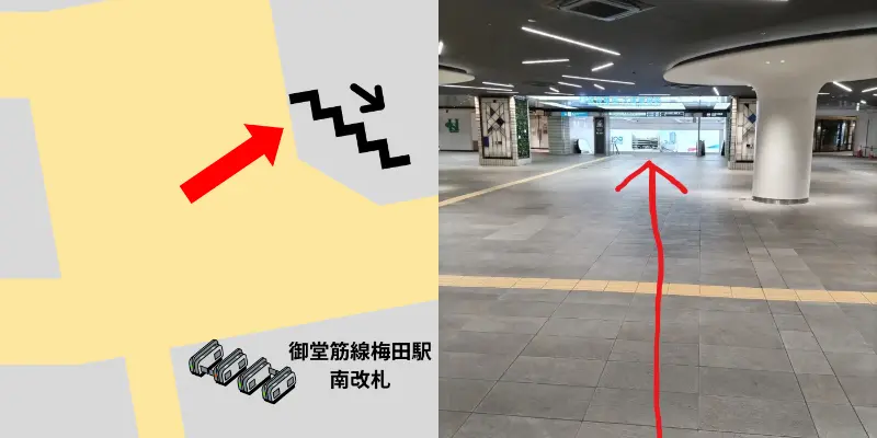 まっすぐ進んで行くと階段(エスカレーター)が現れるので下ります。「阪神電車 大阪梅田駅」と書かれた青の蛍光看板の下に階段(エスカレーター)があるので目印にしてください。